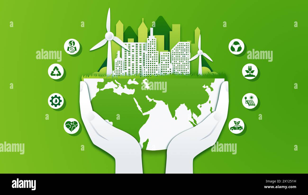 Terre écologique ville verte et icônes avec un concept respectueux de l'environnement Banque D'Images