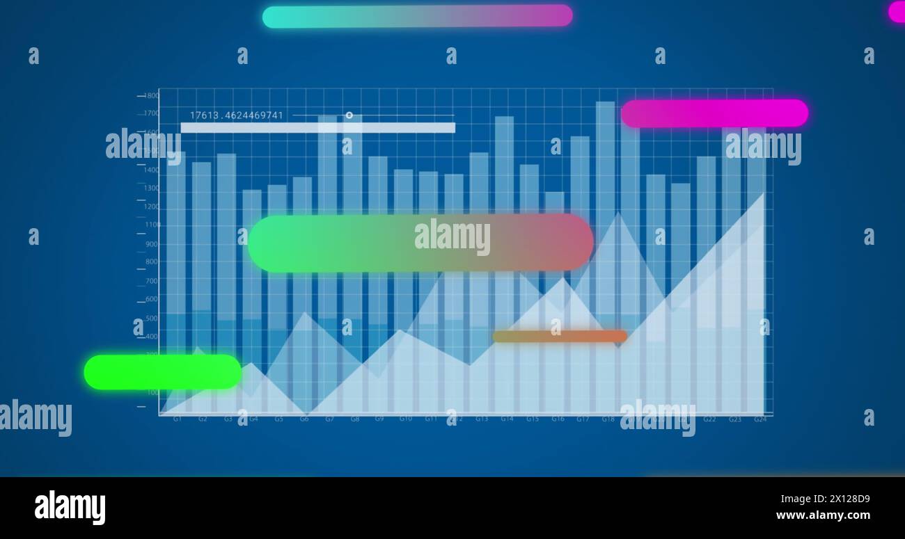 Image d'un motif abstrait multicolore sur des graphiques et une barre de chargement sur fond bleu Banque D'Images