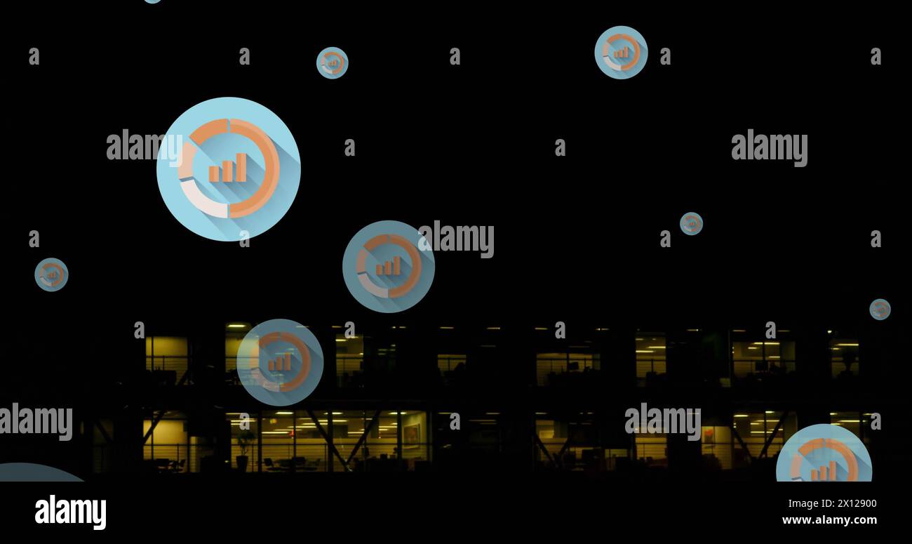 Image de plusieurs icônes graphiques sur la vue aérienne d'un bâtiment moderne contre le ciel nocturne Banque D'Images
