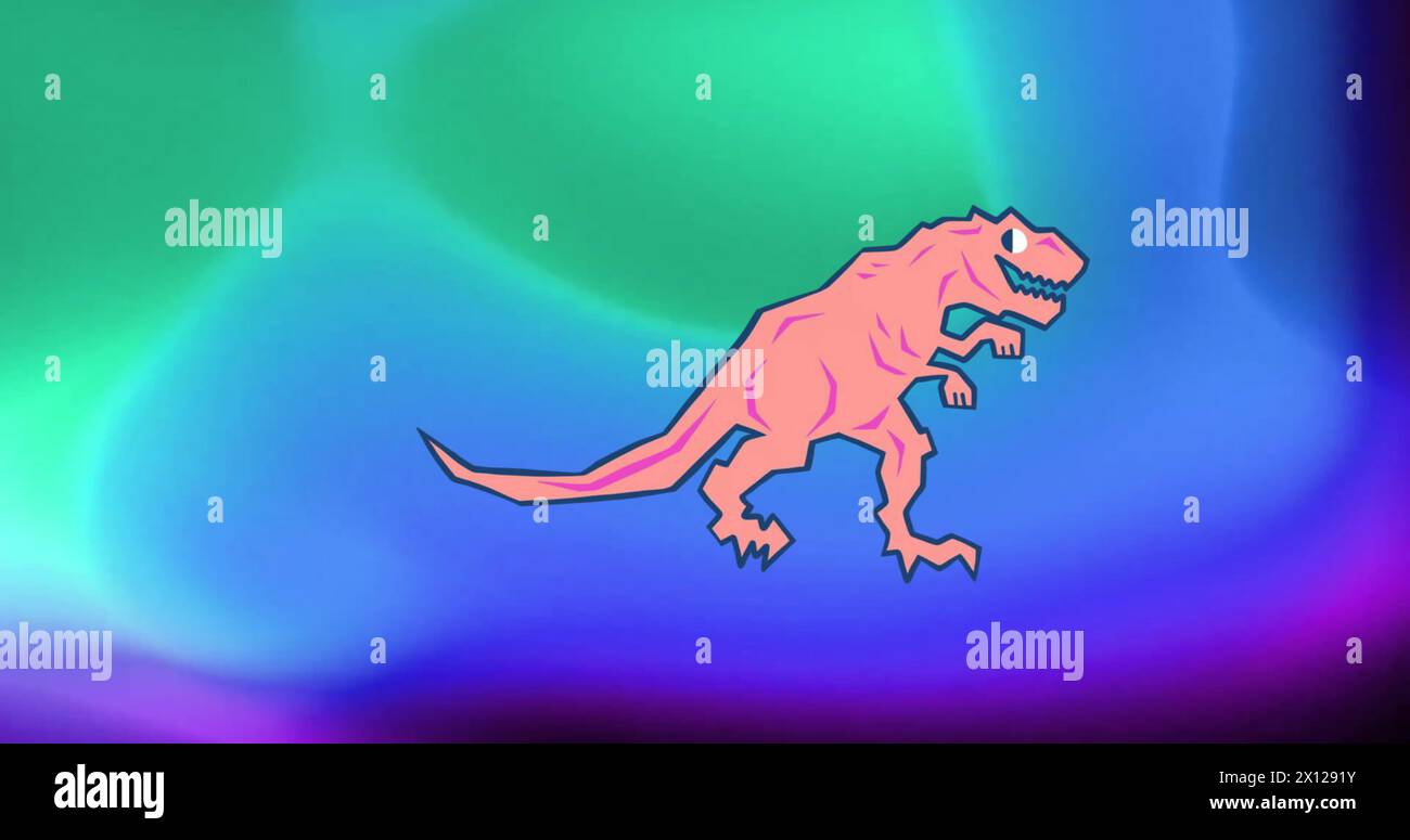 Image de dinosaure rose sur fond bleu et vert Banque D'Images