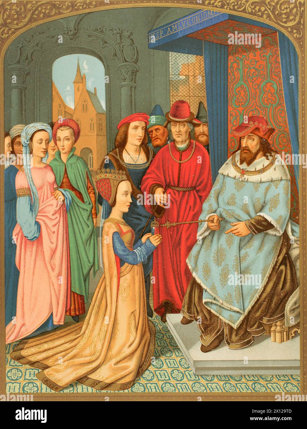 La Reine de Sheba devant Salomon. Costume du XVe siècle. Le roi étend son sceptre à la reine pour symboliser qu'il accueille la personne et le cadeau qui lui est offert. Cinq dames accompagnent la reine. Six courtisans de Salomon se tiennent à droite du trône. Chromolithographie d'après une miniature du bréviaire du cardinal Grimani, attribuée à Memling, 1520. « Moeurs, usages et costumes au moyen-âge et à l'époque de la Renaissance », de Paul Lacroix. Paris, 1878. Banque D'Images