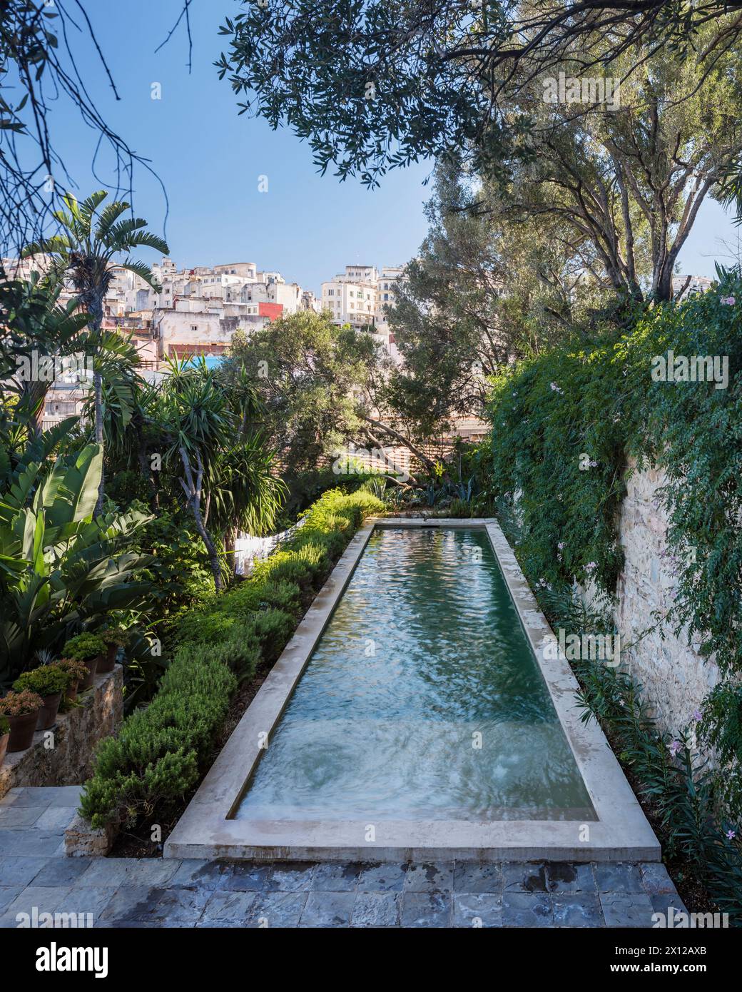 Piscine privée sur la terrasse de Mimi Calpe, villa de luxe française des années 1950 et hôtel à Tanger, Maroc Banque D'Images
