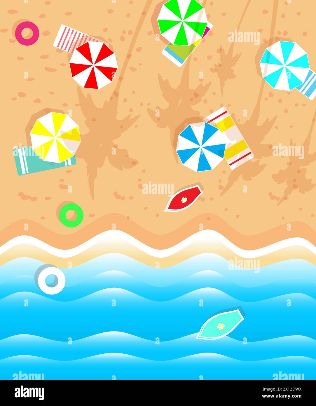 Vacances d'été. Station balnéaire tropicale avec parasols et serviettes sur le sable, planches de surf et tubes. Illustration vectorielle plate. Illustration de Vecteur
