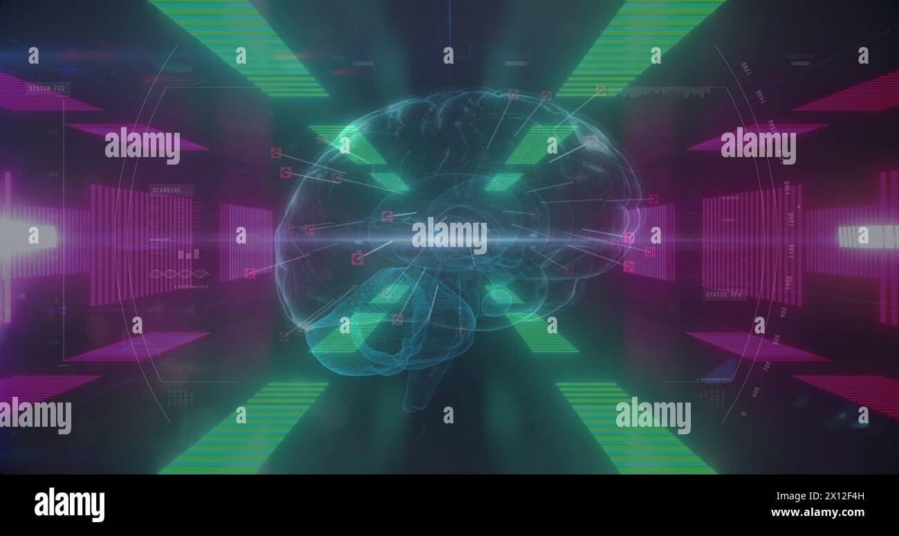 Image du cerveau humain, portée dans le tunnel néon rose Banque D'Images