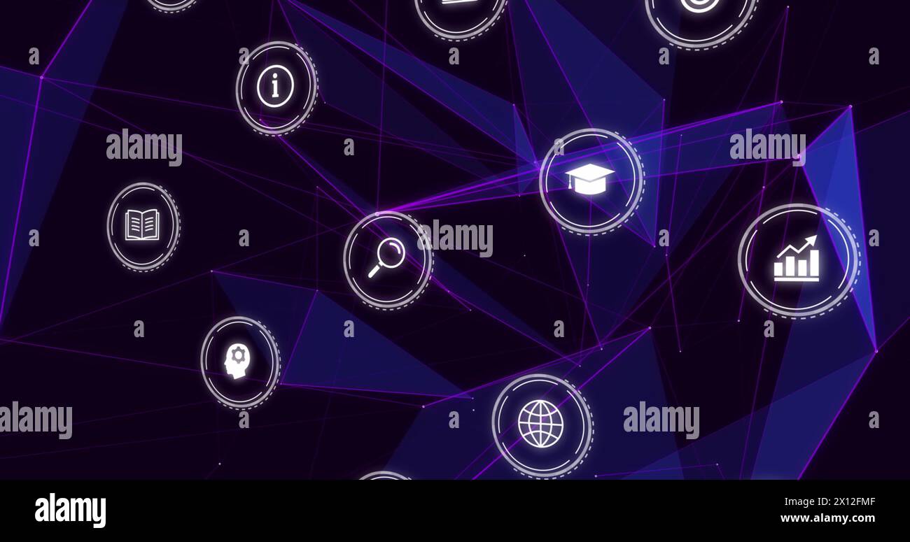 Image d'icônes d'éducation tombant sur un réseau de connexions sur fond sombre Banque D'Images