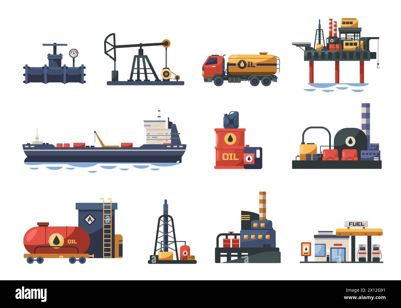 Industrie du raffinage du pétrole. Usine de raffinerie de pétrole de bande dessinée avec des barils de pétrole et pipeline, camion-citerne et navire-citerne, concept de production de pétrole. Vecteur Illustration de Vecteur