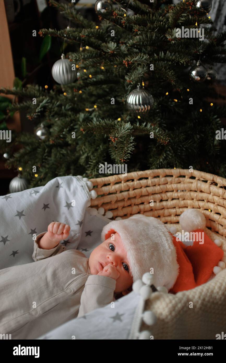 Le nouveau-né est couché dans un berceau, portant un chapeau de Père Noël. Banque D'Images