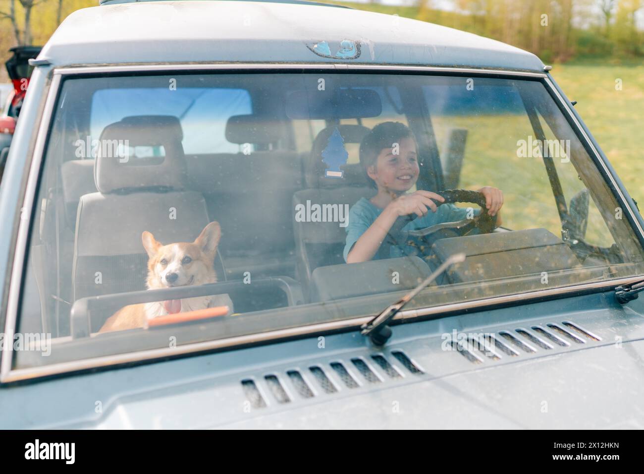 adolescent et son chien corgi conduisant une vieille voiture, apprenant à conduire Banque D'Images