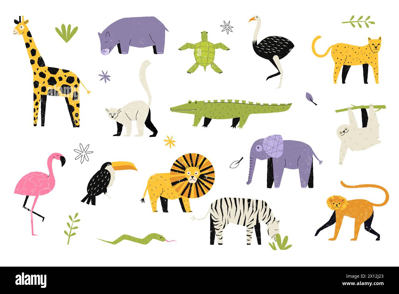 Animaux branchés enfantins. Formes géométriques naïves abstraites des enfants, icônes de silhouette de tigre de bébé zèbre drôle hippopotame lion girafe. Ensemble isolé de vecteur Illustration de Vecteur