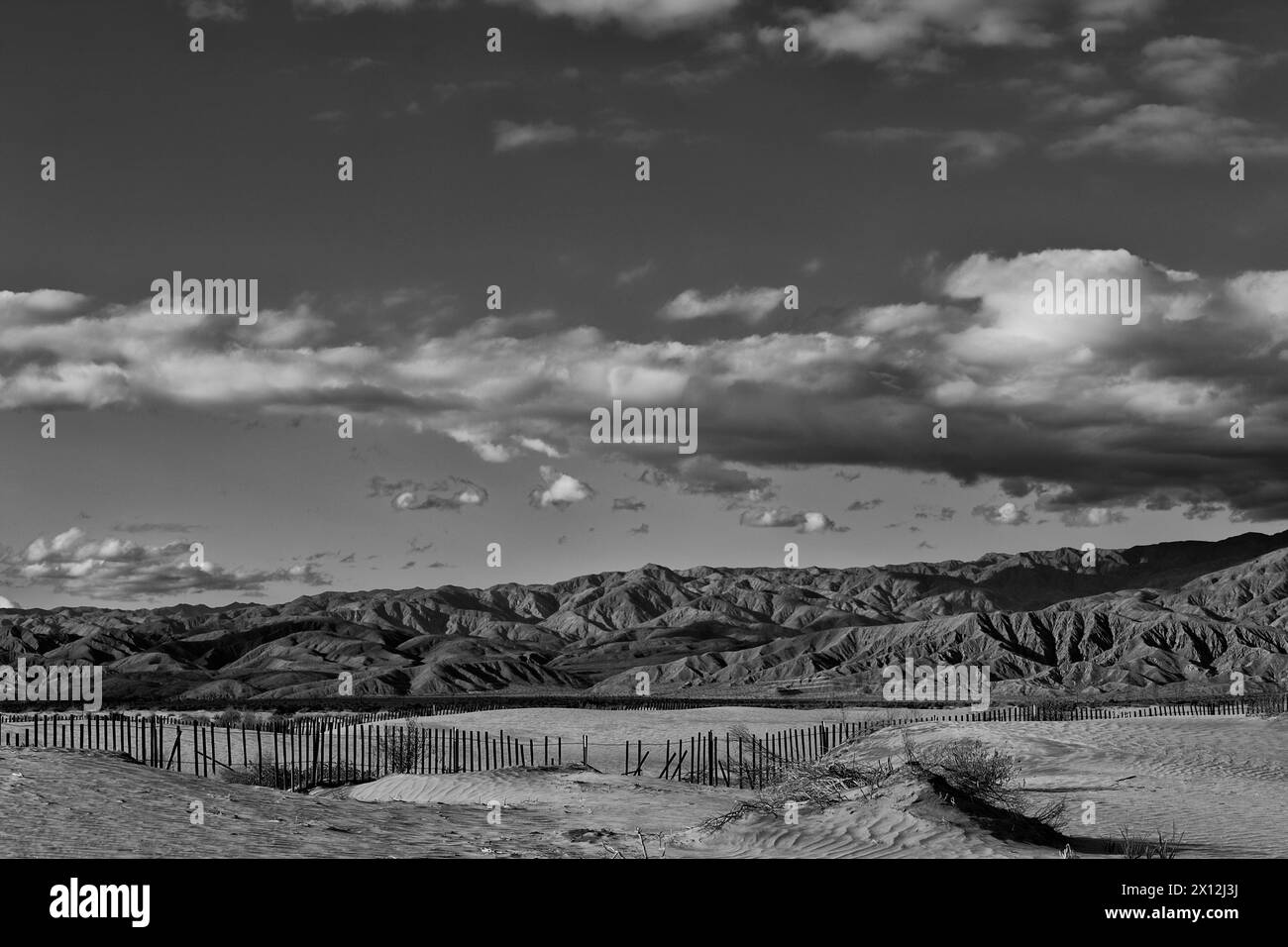 Paysage désertique avec ciel dramatique en noir et blanc Banque D'Images