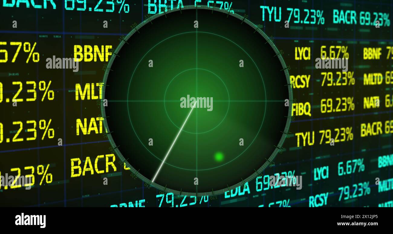 Image des cibles sur l'écran radar au-dessus de la table de négociation et des numéros sur fond noir Banque D'Images