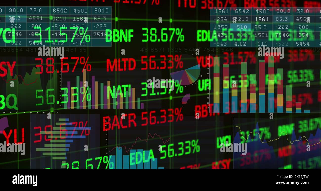 Image de la table de négociation sur des graphiques multicolores avec plusieurs numéros sur fond noir Banque D'Images