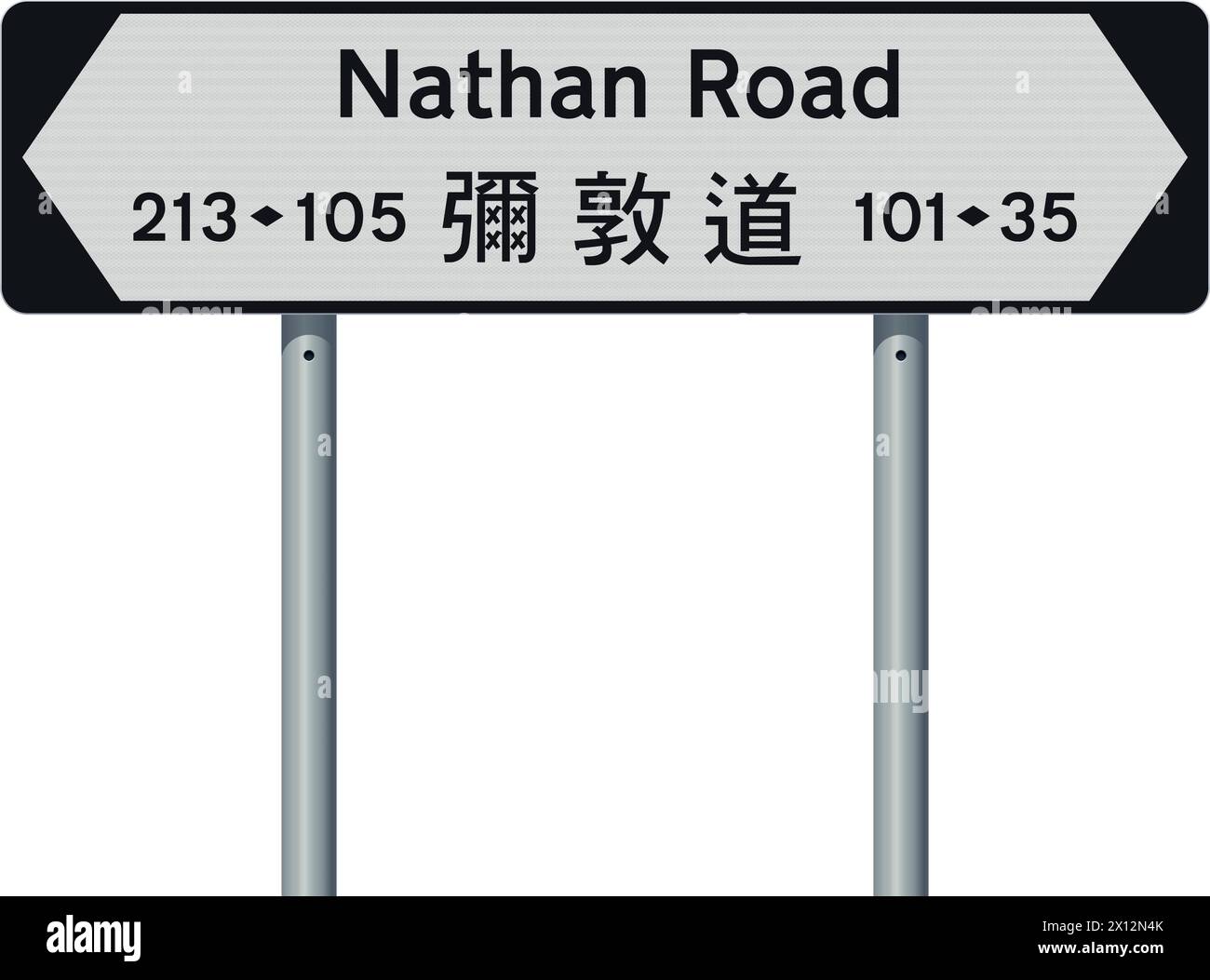 Illustration vectorielle de Nathan Road (Hong Kong) avec traduction en chinois sur panneau routier blanc et noir Illustration de Vecteur