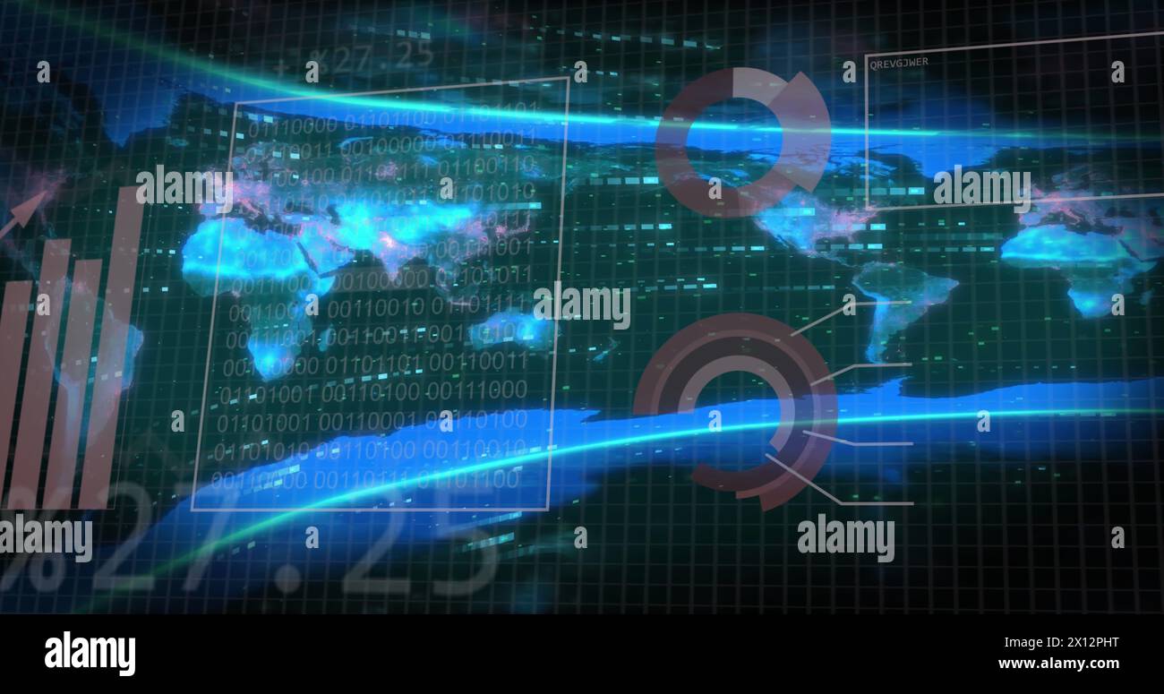 Image du traitement des données sur la carte du monde sur fond noir Banque D'Images