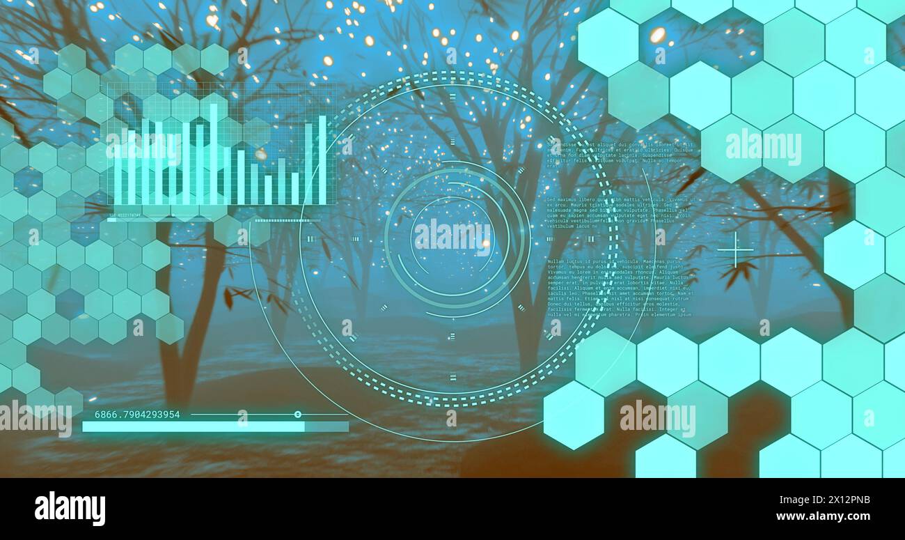 Scanner circulaire et traitement de données au-dessus des lumières et chemin bordés d'arbres la nuit Banque D'Images