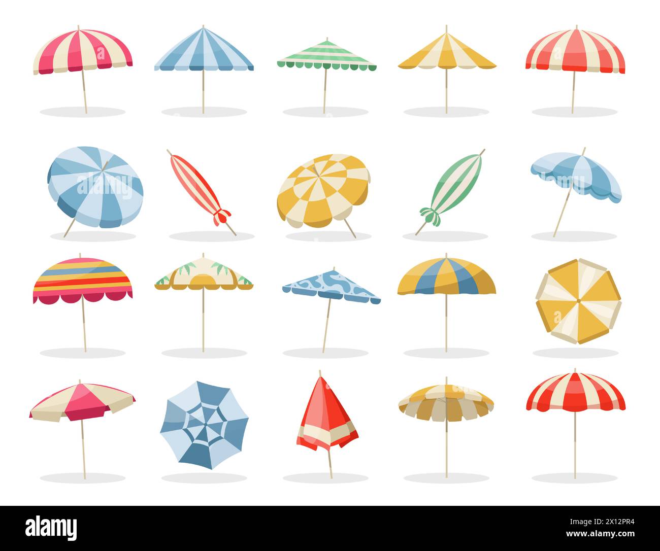 Parasol de plage. Parasol d'été, protection contre la conception plate de soleil, vue de dessus colorée de la plage de mer parasol, vacances et concept de parapluie de vacances Illustration de Vecteur