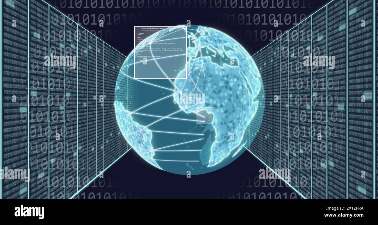 Image du globe, des codes binaires et du langage informatique et des racks de serveur de données sur fond noir Banque D'Images