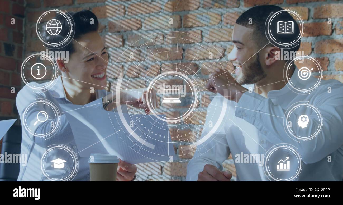 Image de plusieurs icônes numériques contre divers poing homme et femme se cognant au bureau Banque D'Images