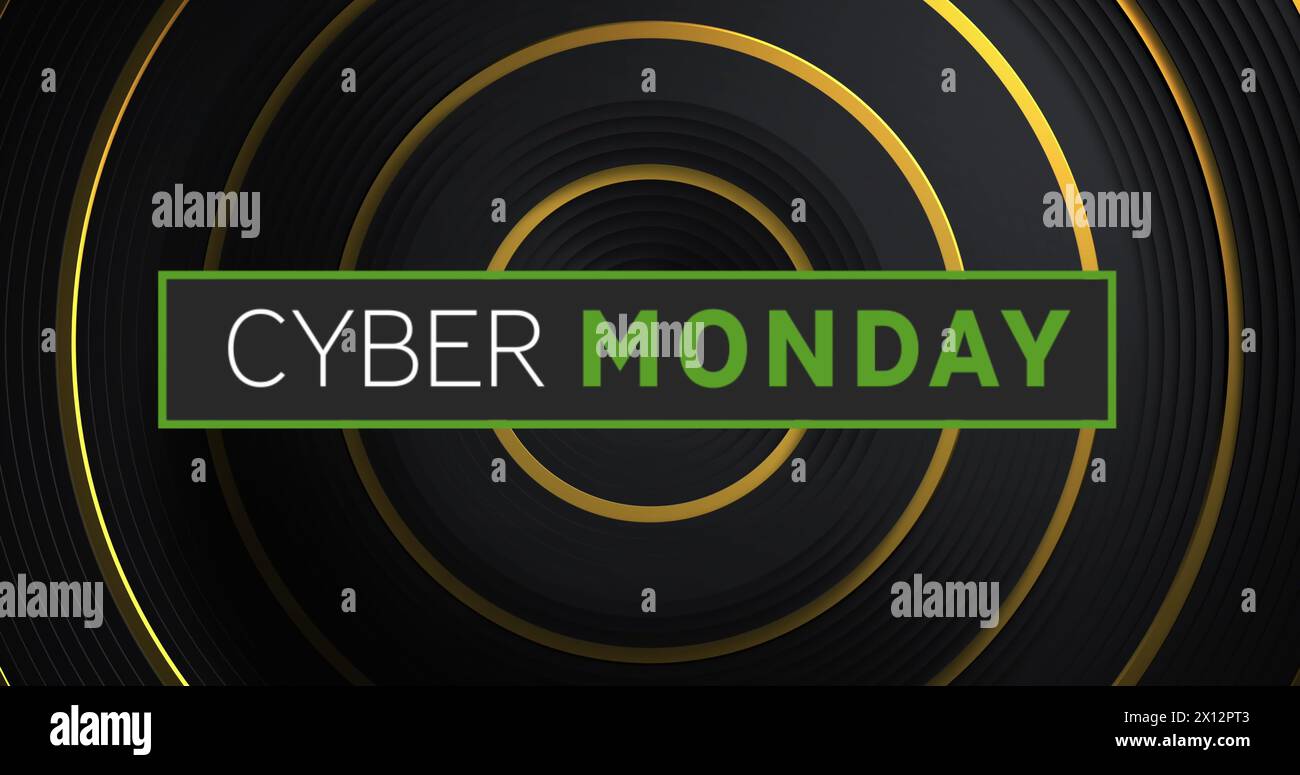 Texte Cyber monday en blanc et vert sur des anneaux d'or concentriques sur fond noir Banque D'Images