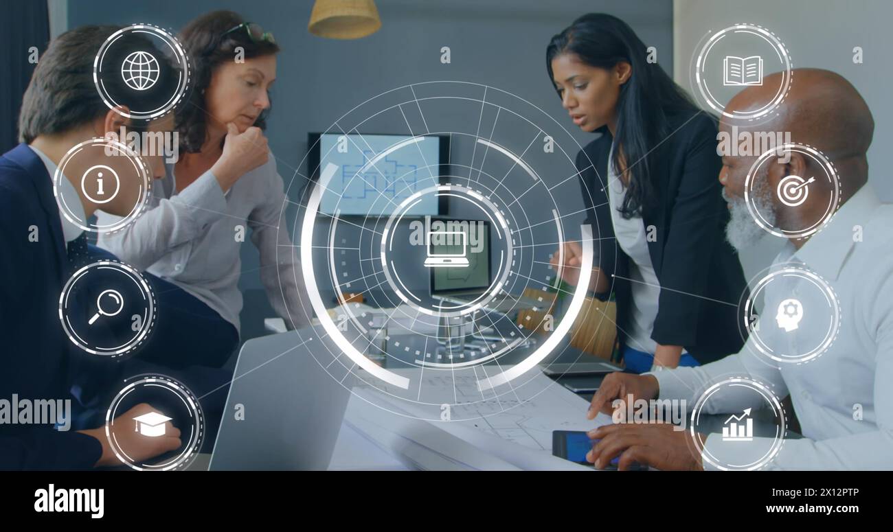 Image de plusieurs icônes numériques contre divers hommes d'affaires discutant sur un plan au bureau Banque D'Images