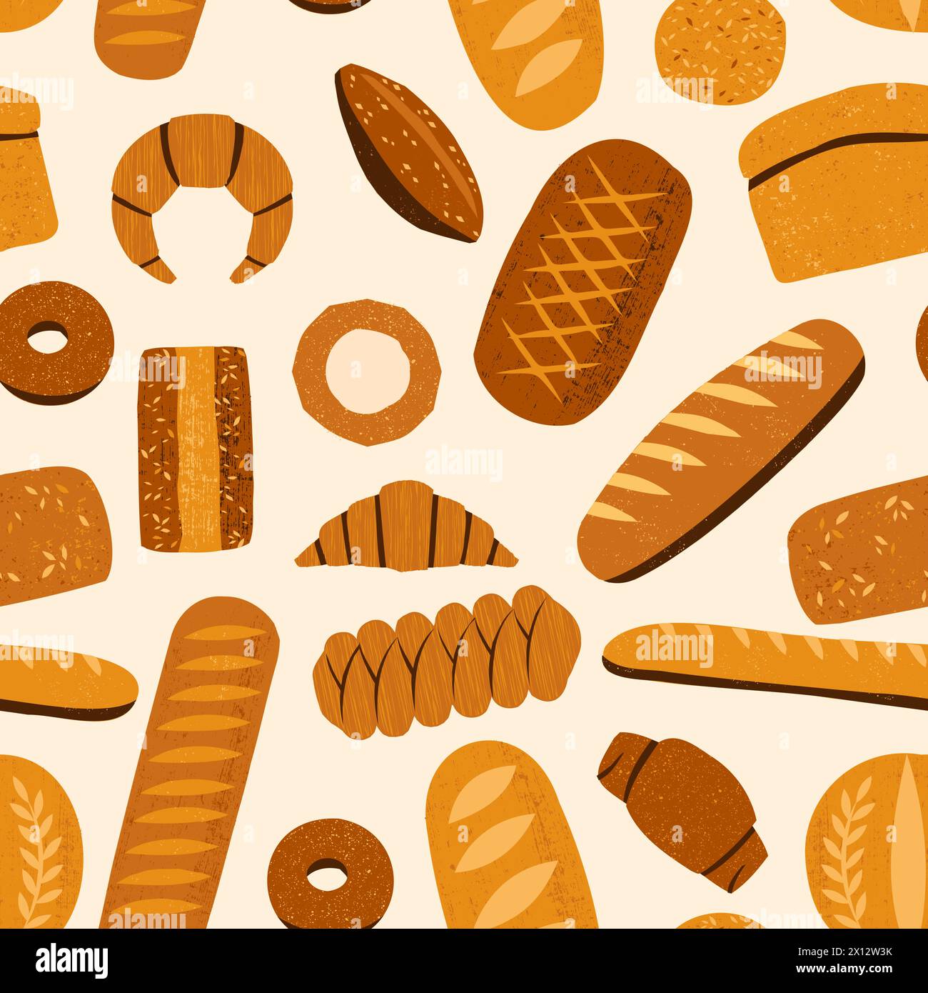 Motif de pain. Impression sans couture de produits de boulangerie avec baguettes croissants bagels bretzels, bande dessinée de nourriture fraîche cuite au four. Texture vectorielle Illustration de Vecteur