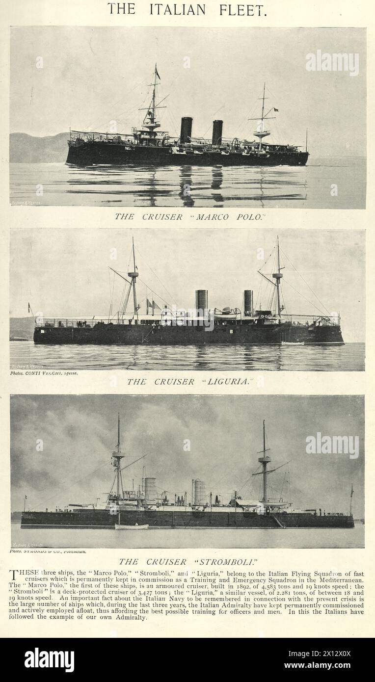 Image vintage de navires de guerre de la marine italienne, croiseurs, histoire militaire de la marine, 19ème siècle des années 1890 Banque D'Images