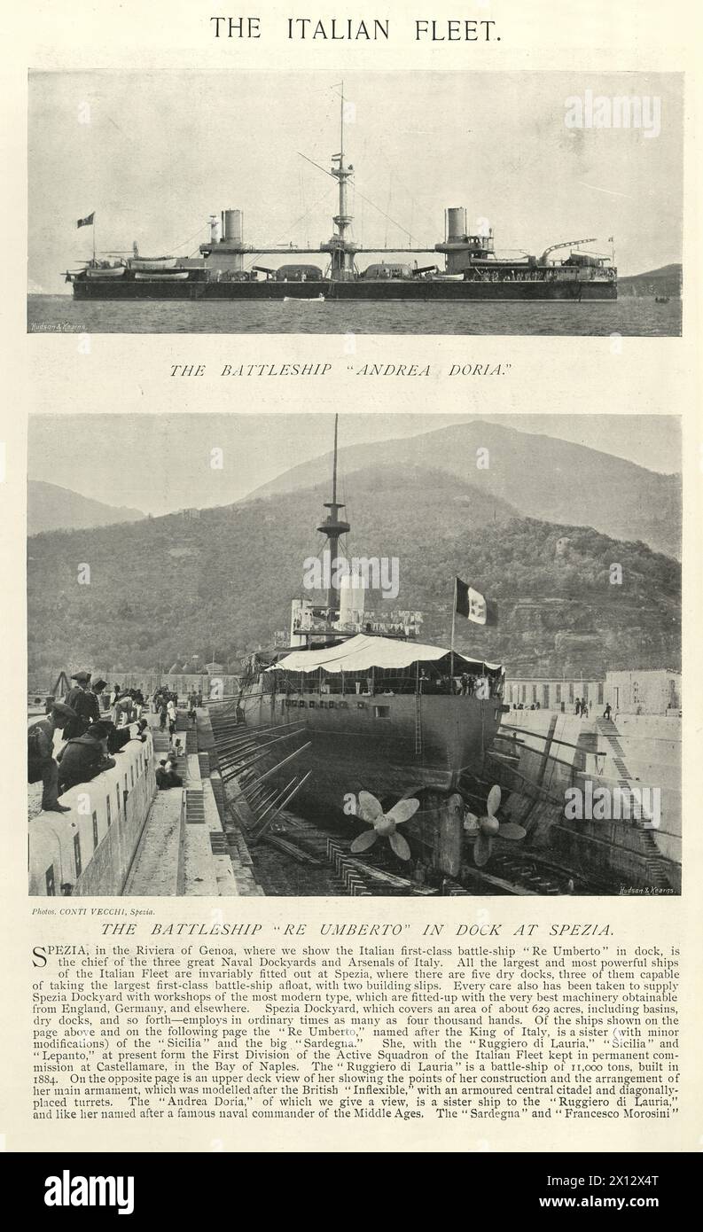 Photo vintage de navires de guerre de la marine italienne, cuirassés, Anfrea Doria et Re Umberto, histoire militaire de la marine, 19ème siècle 1890s Banque D'Images