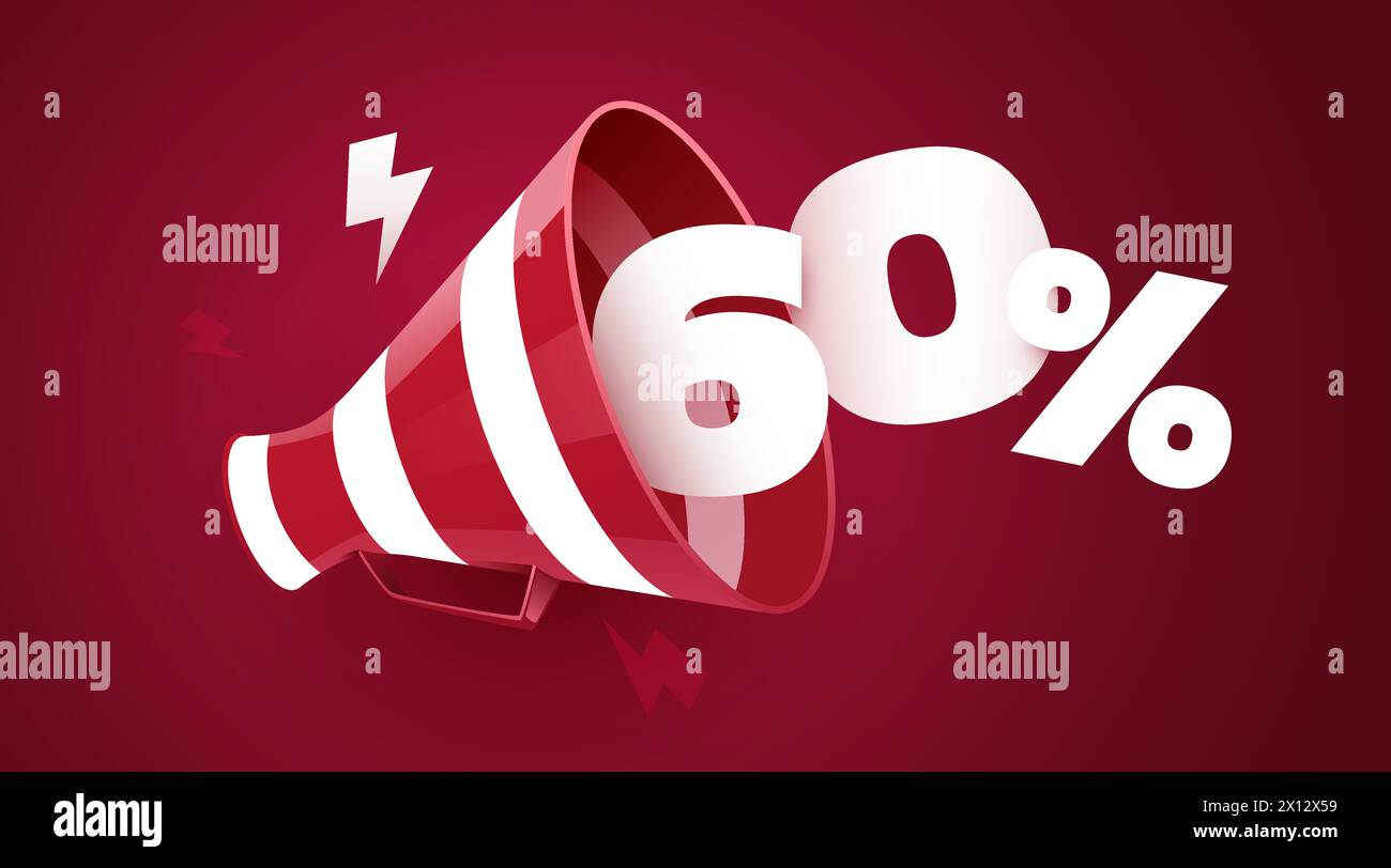 60 % de réduction. Bannière de vente avec mégaphone 3D. Illustration vectorielle Illustration de Vecteur