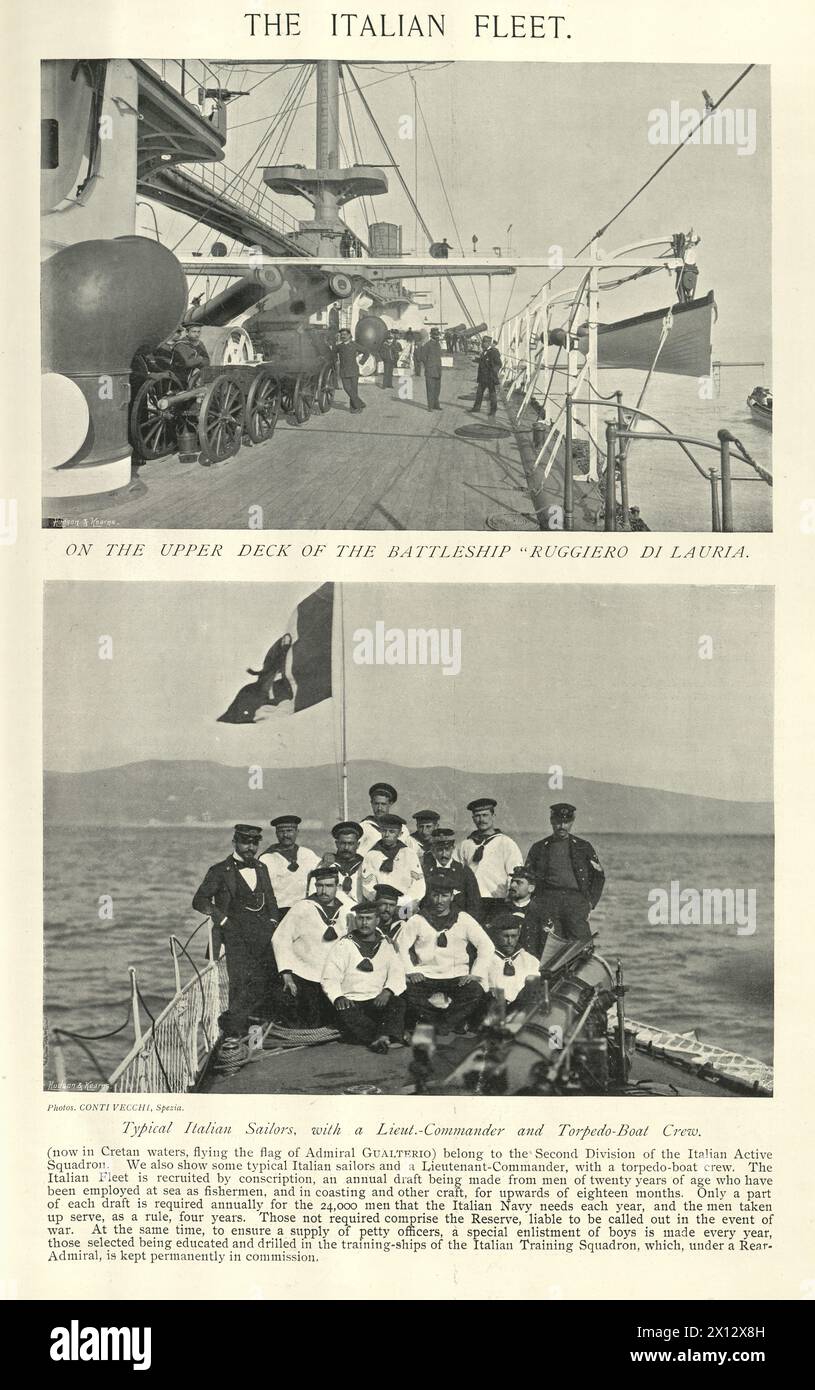 Image vintage de navires de guerre de la marine italienne, Battelship Ruggiero de Lauria. Marins sur Torpedo Boat, Navy Military History, XIXe siècle 1890s Banque D'Images