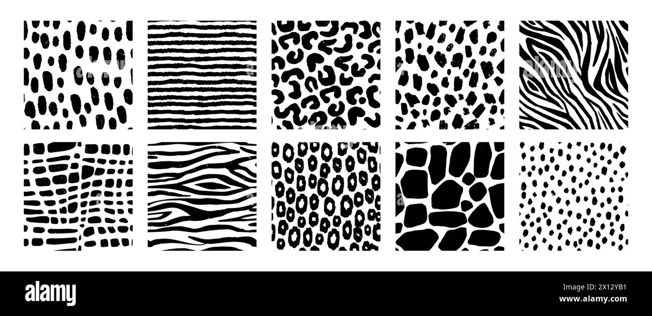 Motifs animaux en noir et blanc. Impression sans couture de textures de peau de nature sauvage, crocodile décoratif abstrait, léopard, zèbre, tigre, girafe. Vecteur Illustration de Vecteur