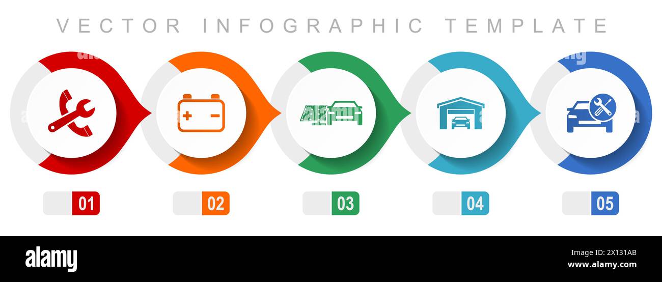 Modèle infographique de conception plate de service de voiture, symboles divers tels que les outils, l'atelier, la batterie et l'énergie renouvelable, collection d'icônes vectorielles Illustration de Vecteur