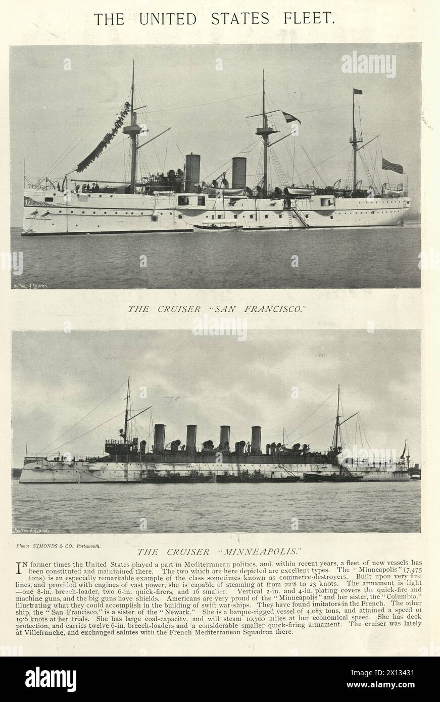 Image vintage des croiseurs de navires de guerre US Navy, USS San Francisco, USS Minneapolis, histoire militaire navale, années 1890, XIXe siècle Banque D'Images