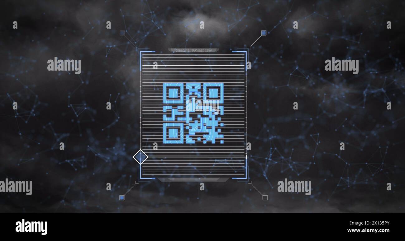 Image du scanner de code qr et réseau de connexions contre le tonnerre et les nuages sombres Banque D'Images
