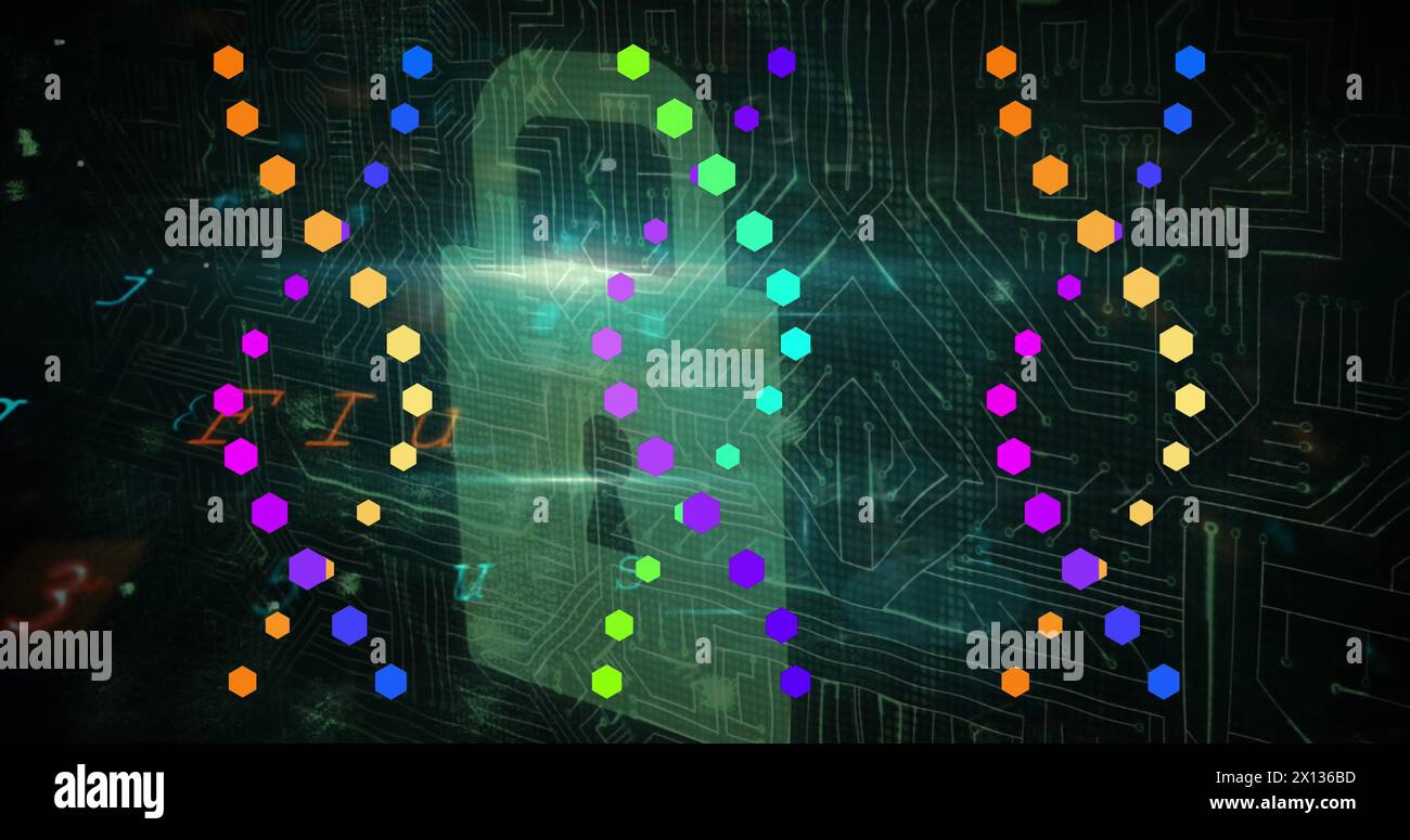 Image du traitement des données sur des brins d'adn et un cadenas Banque D'Images