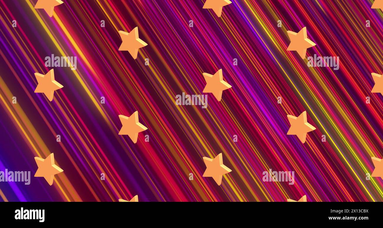 Image d'icônes d'étoiles jaunes répétées sur des traînées de lumière colorées sur fond noir Banque D'Images