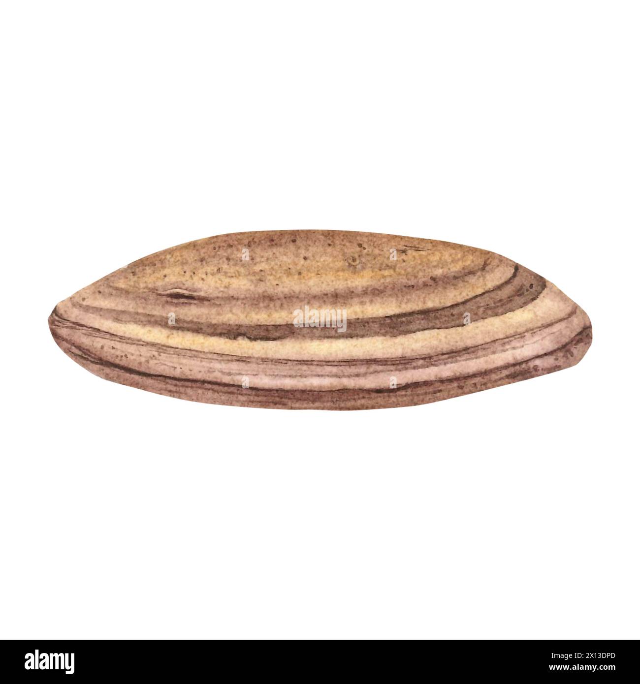 Pierre de rivière. Illustration d'aquarelle dessinée à la main avec caillou sur fond isolé. Dessin de roches océaniques lisses rayées. Croquis de minéraux Banque D'Images