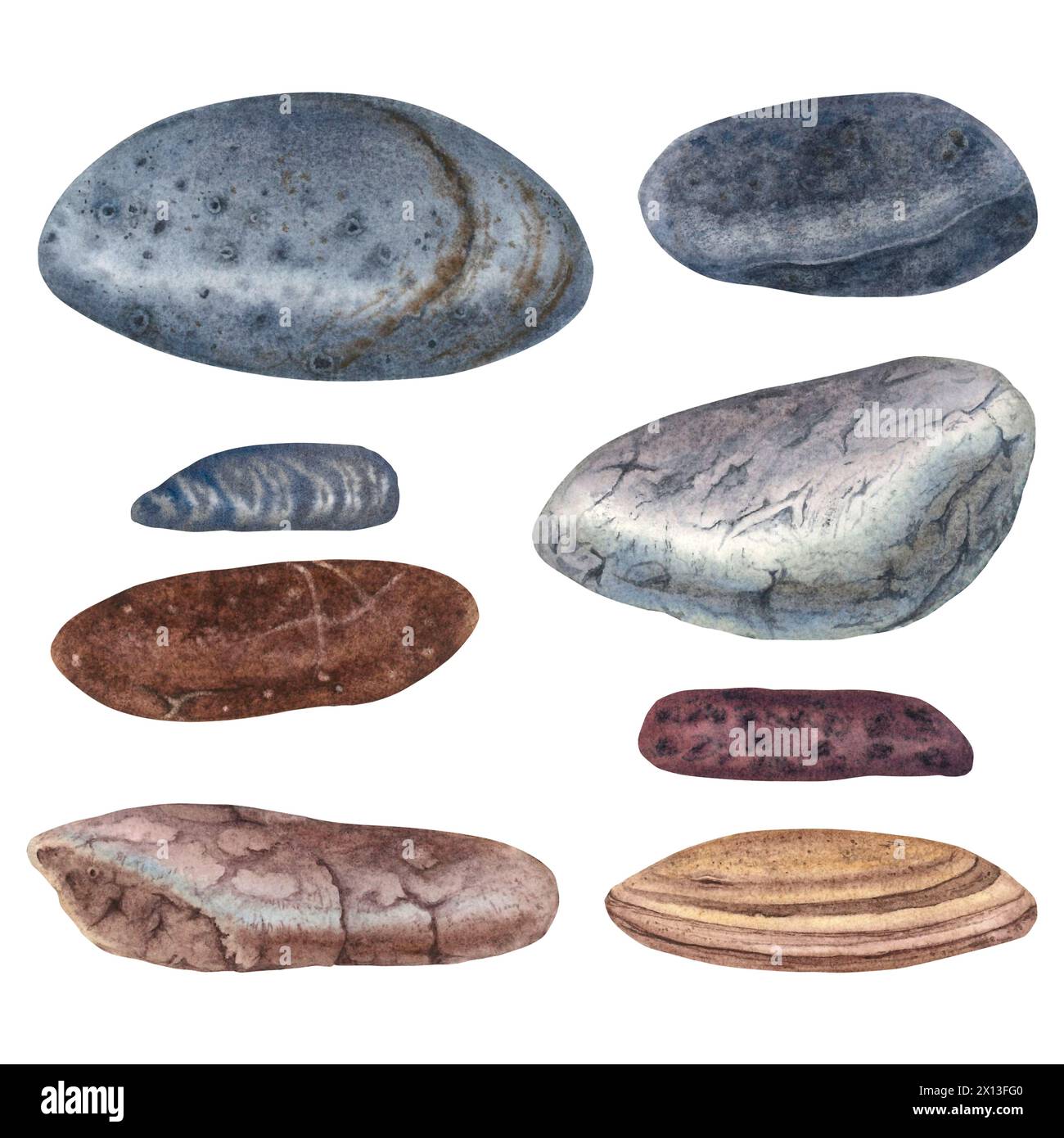 Un ensemble de galets gris marin, marron de différentes formes. Illustration d'aquarelle dessinée à la main avec des minéraux sur fond isolé. Eléments pour la conception Banque D'Images