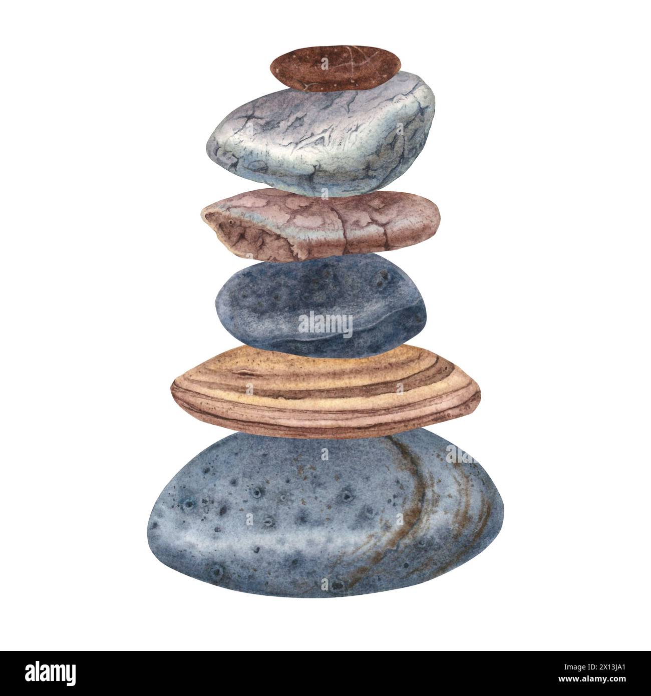 Pyramide de pierres d'équilibrage pour zen, yoga. Illustration d'aquarelle dessinée à la main en gris, couleurs brunes sur fond isolé. Cailloux pour la méditation. Banque D'Images