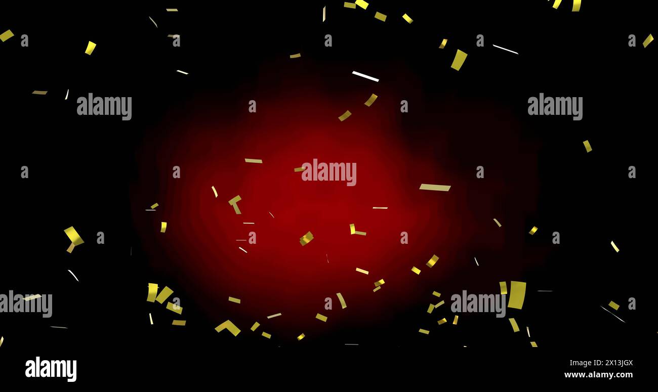 Image de confettis dorés tombant sur fond rouge et noir Banque D'Images