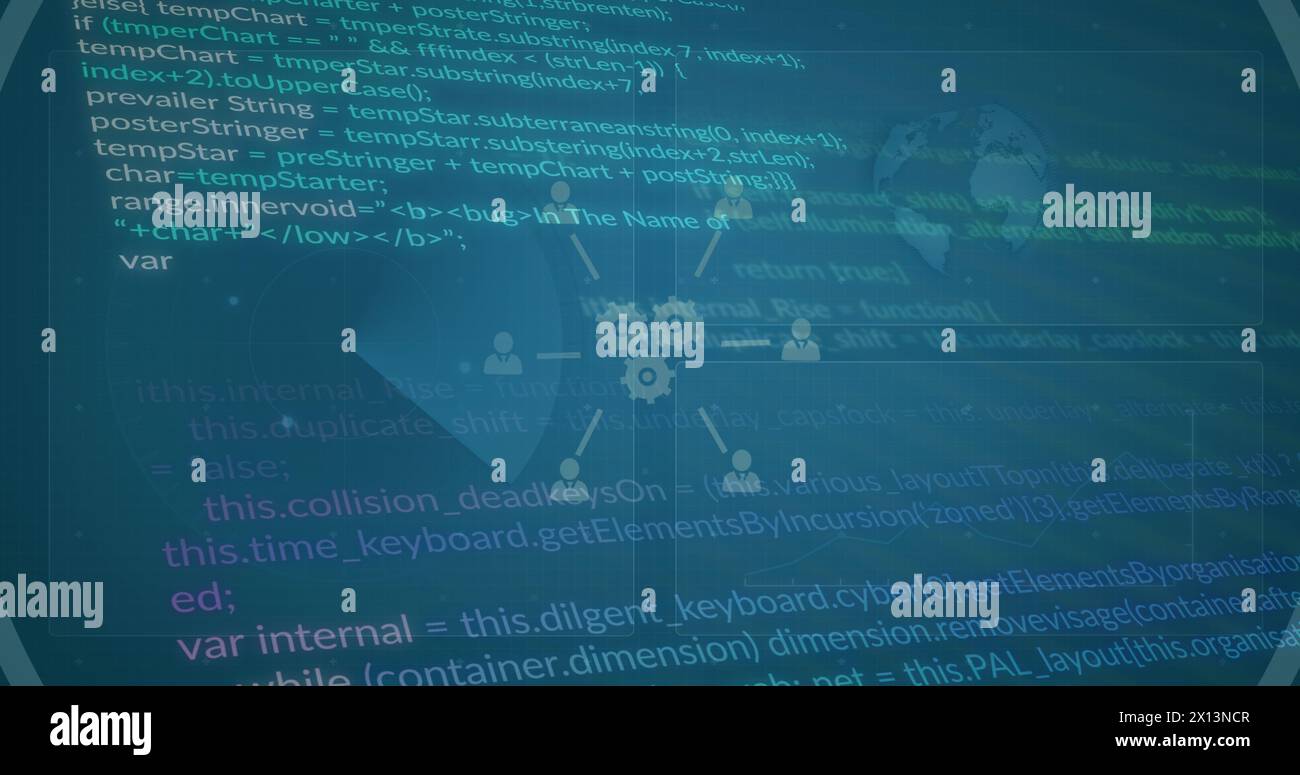 Illustration d'organigrammes avec icônes d'ordinateur sur langage de programmation. Généré numériquement, exposition multiple, base de données, codage, communication, futuristi Banque D'Images