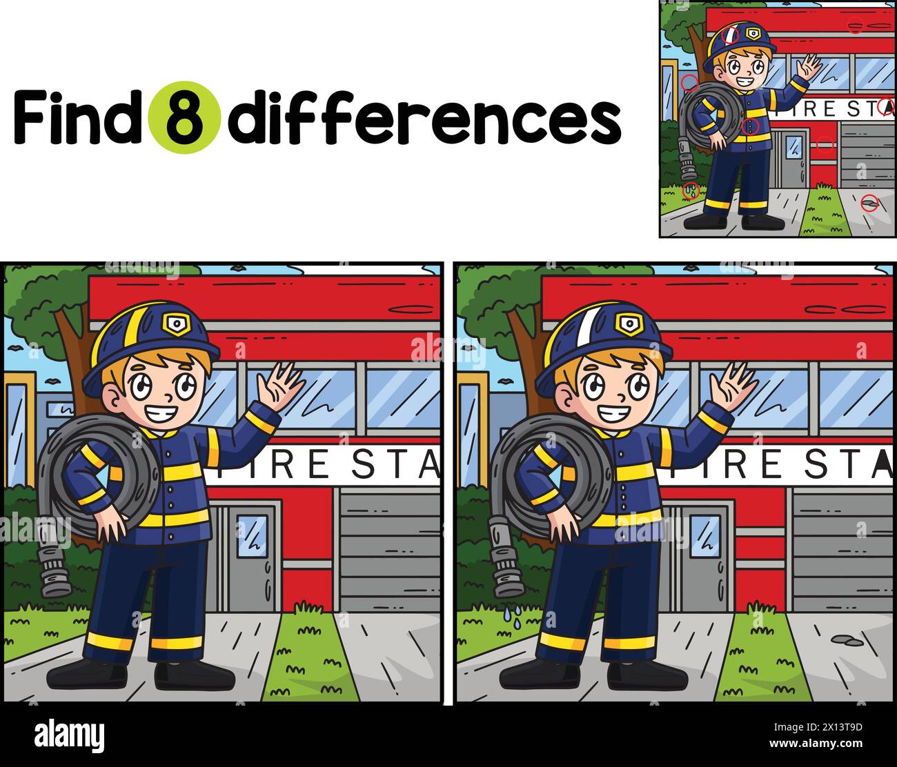 Pompier avec tuyau d'incendie trouver les différences Illustration de Vecteur