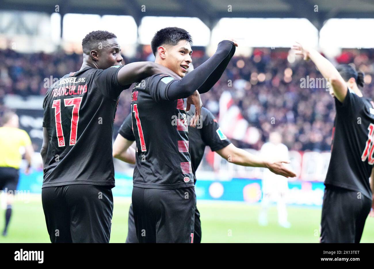 14 avril 2024, Herning, Danemark. FC Midtjyllands Dario Esteban Osorio har scoret til 2-1 i superligakampen mellem FC Midtjylland og FC København på MCH Arena i Herning, søndag den 14. avril 2024.. (Foto : Henning Bagger/Ritzau Scanpix) crédit : Ritzau/Alamy Live News Banque D'Images