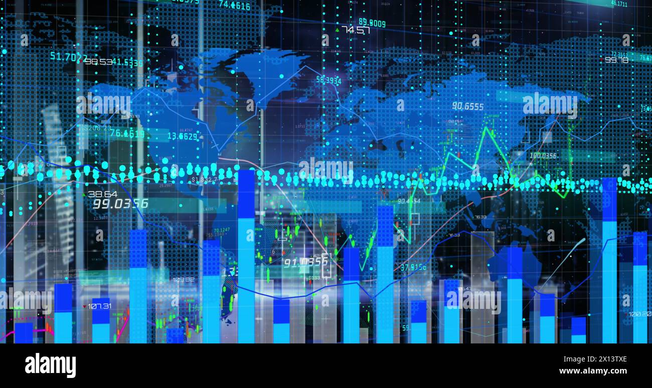 L'image présente une carte bleue du monde avec divers points de données, un graphique et des statistiques sur un fond coloré. L'image est un ima généré numériquement Banque D'Images
