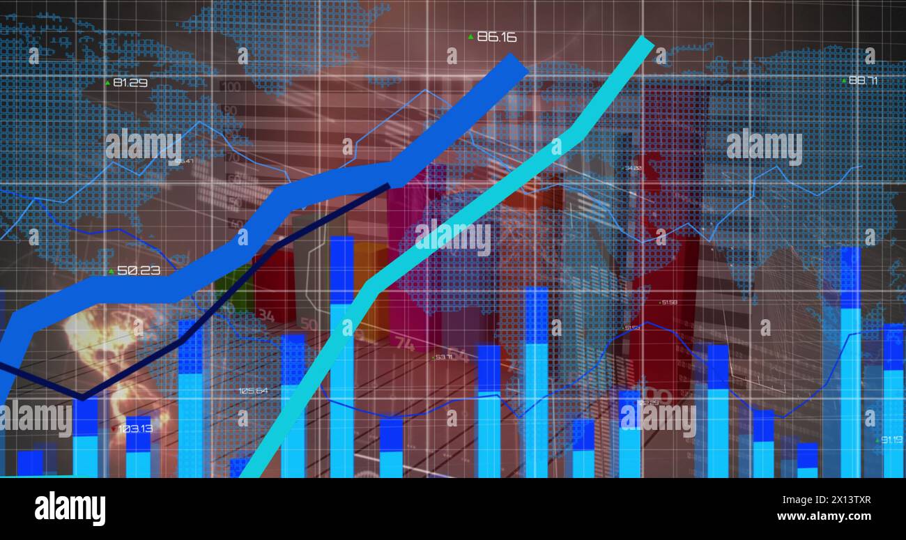Image du traitement des données statistiques sur la carte du monde sur fond gris Banque D'Images