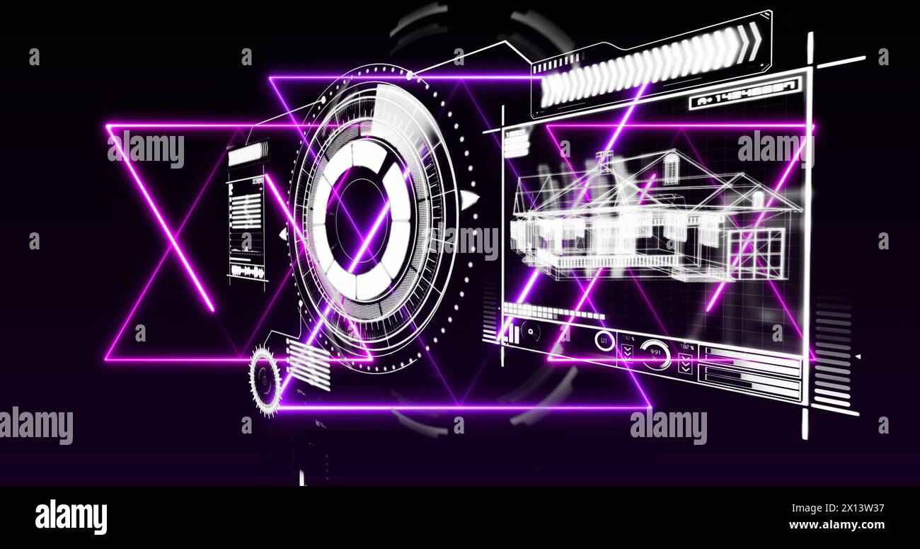 Image de traînées de lumière violette brillantes sur l'interface avec le traitement des données sur fond noir Banque D'Images