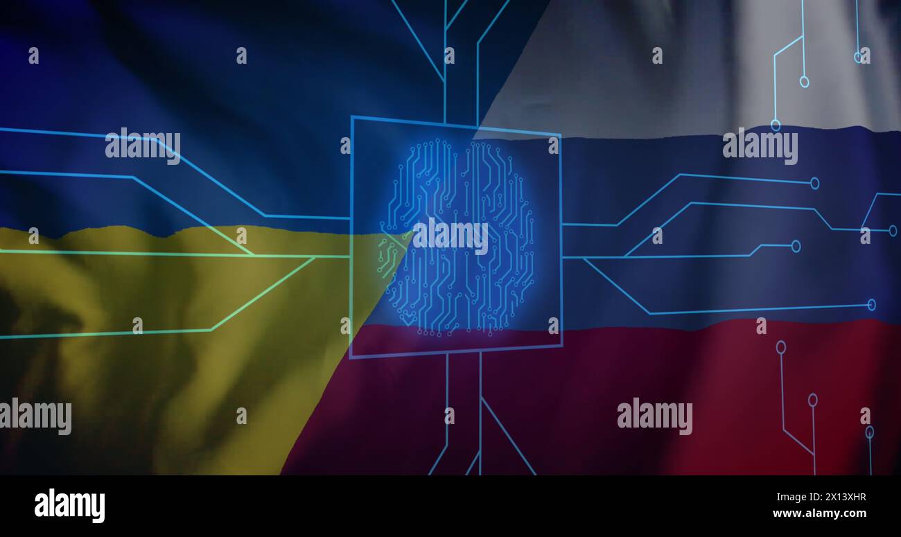 Image de carte de circuit imprimé d'ordinateur d'empreintes digitales biométriques au-dessus du drapeau de la russie et de l'ukraine Banque D'Images