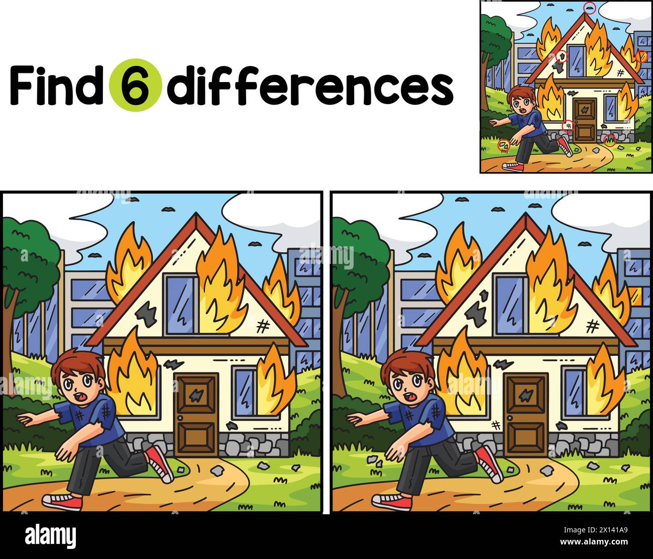 Civil avec une maison en feu trouver les différences Illustration de Vecteur