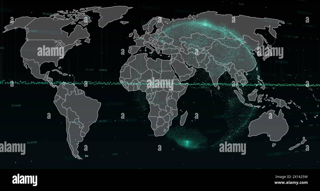 Image de la carte du monde, graphiques et globe sur fond noir Banque D'Images