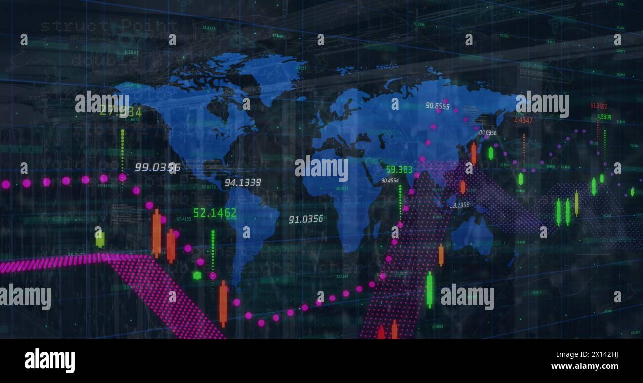 Image du traitement des données financières sur la carte du monde contre la salle vide du serveur informatique Banque D'Images