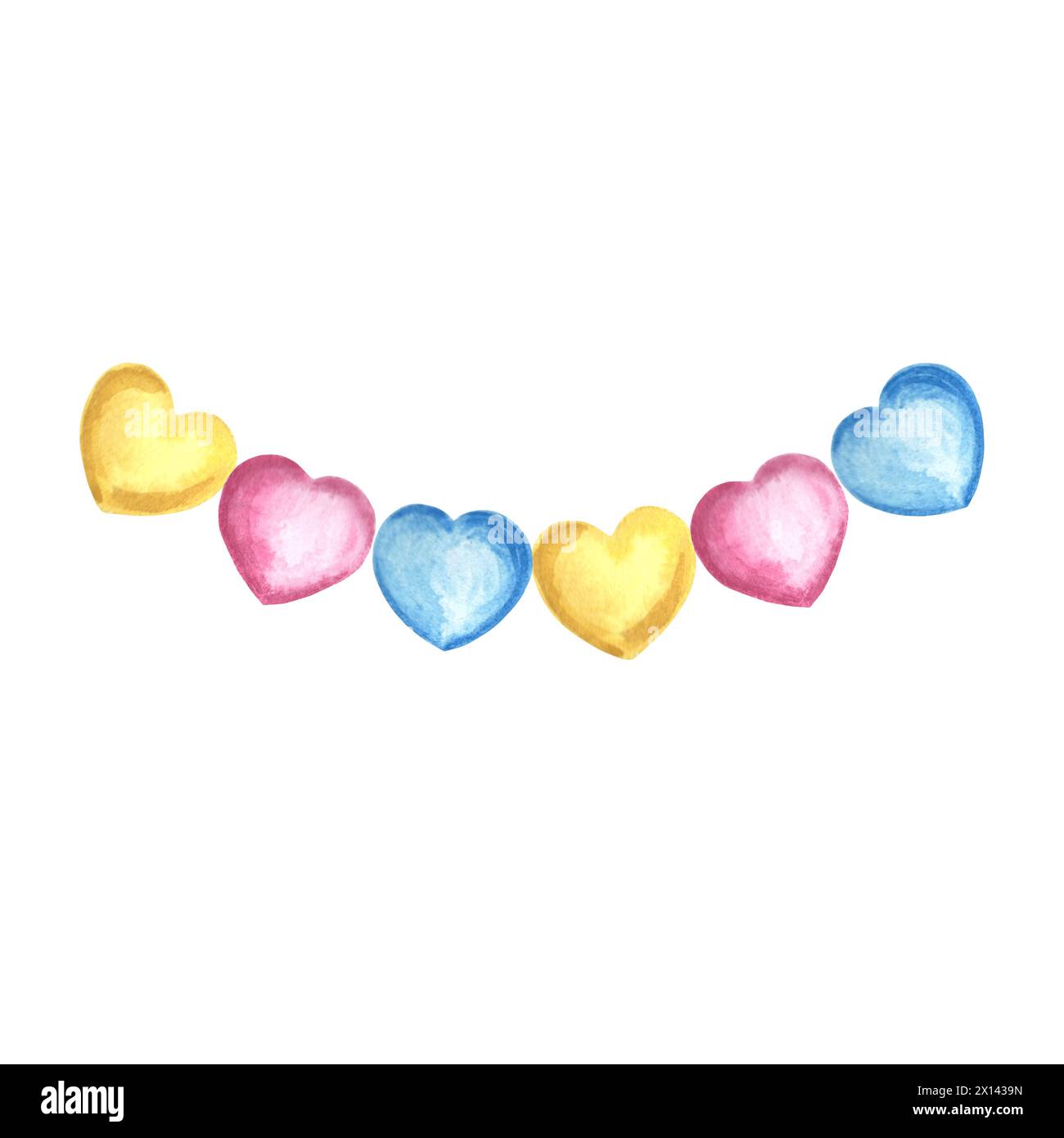 Guirlande suspendue de coeurs bleu jaune rose. Aquarelle illustration dessinée à la main. Modèle accessoires festifs pour anniversaire, décoration de fête d'enfants. ISOL Banque D'Images